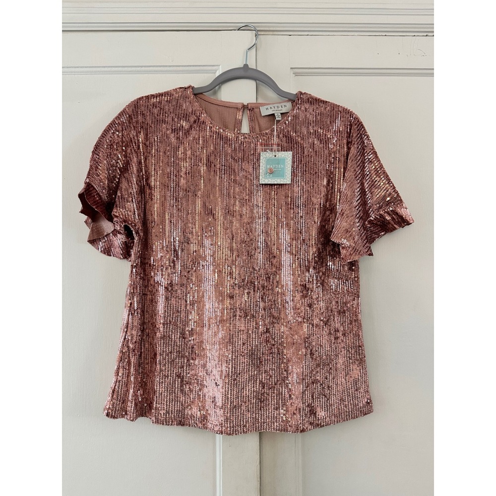 Hayden Los Angeles Rose Gold Sequin FlutterSleeve Keyhole Back Top Shirt Women S